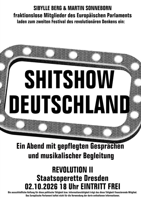 Plakat: die Worte SHITSHOW DEUTSCHLAND in einem gerasterten Lichtkasten mit Glühbirnen, wie an einem Theatereingang.